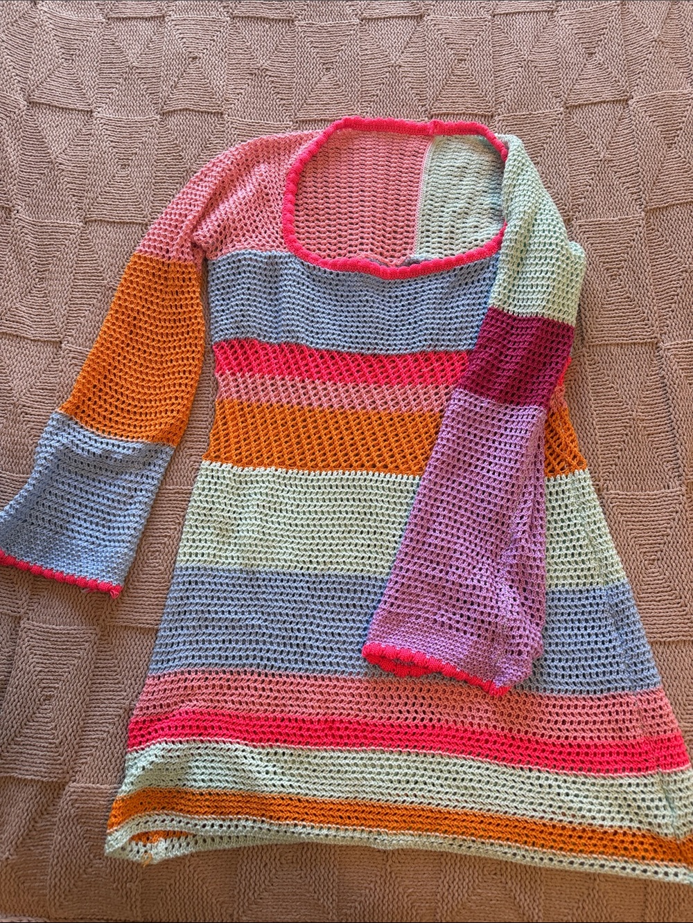 Pastel Multicolor Striped Crochet Swim Coverup - Lightweight Mesh Tunic